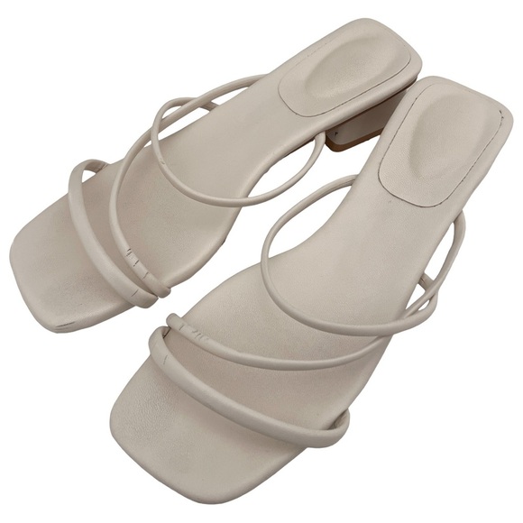 Leather Off-White Ivory Strappy Block Heel Square Toe Sandals Shoes - Picture 9 of 12
